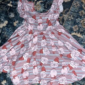 Adorable Cat with Glasses Santa Hat Holiday Christmas  Print Kids Dress 2T GUC